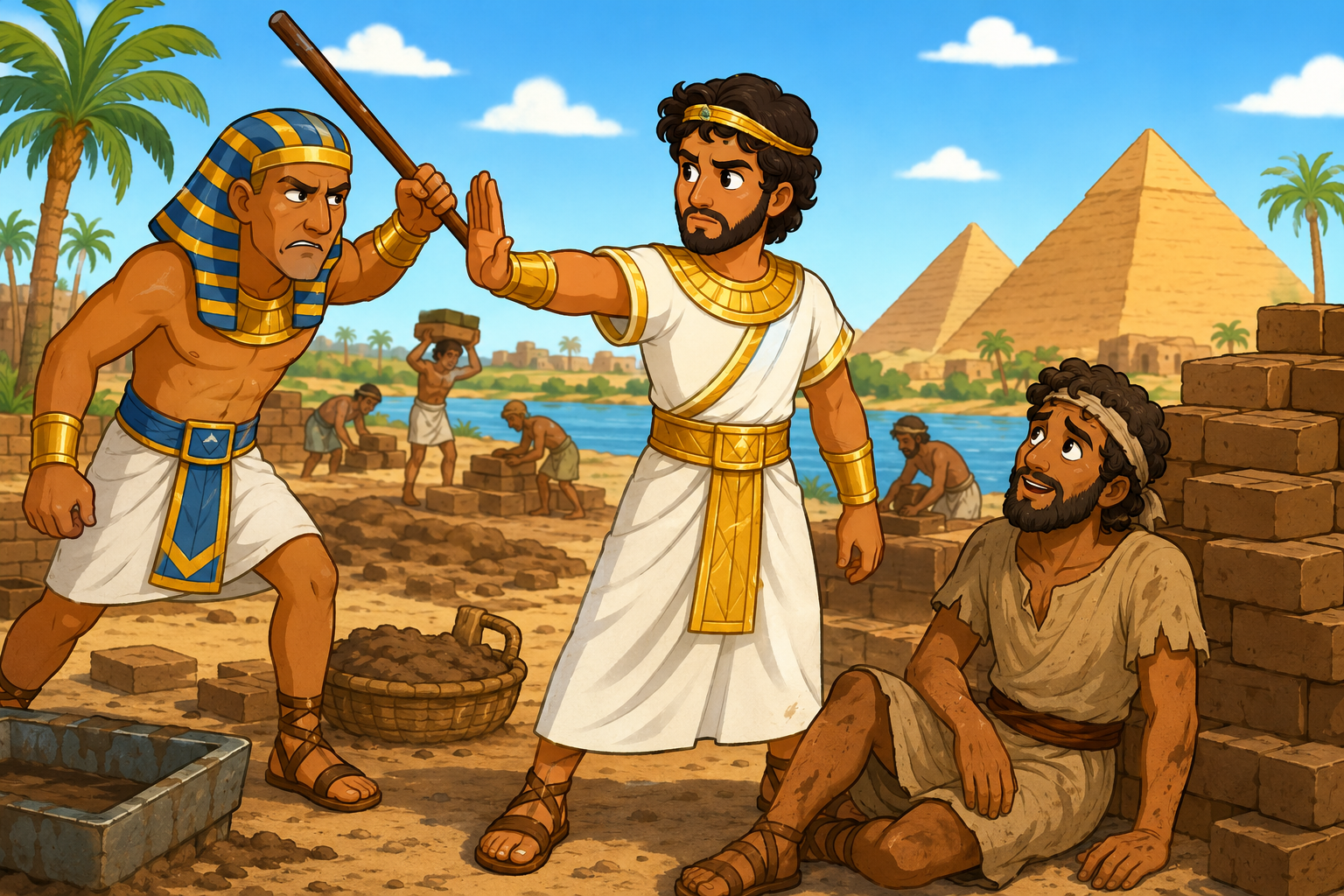 Moses confronting an Egyptian overseer to protect a Hebrew worker