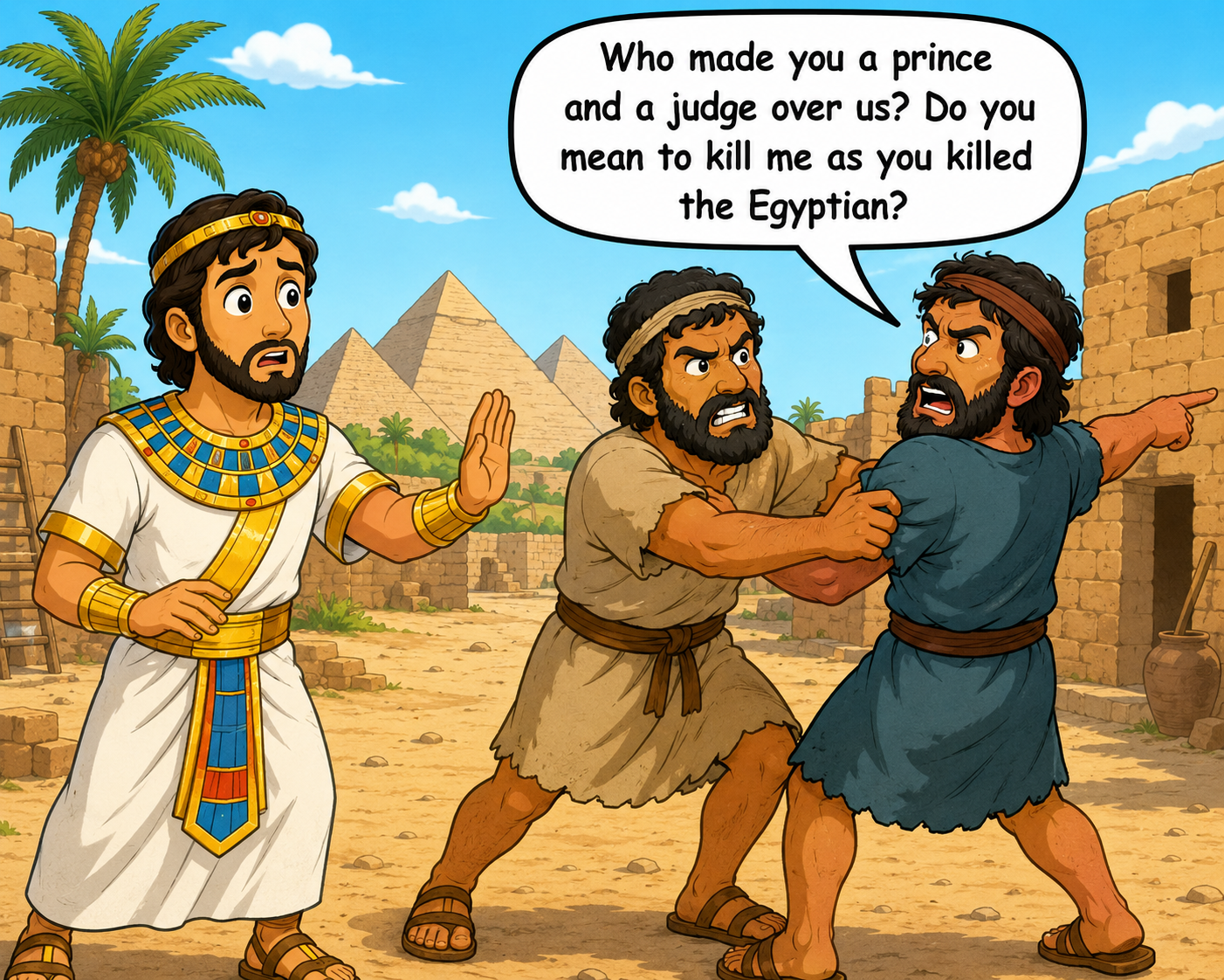 A Hebrew man confronting Moses after he tried to break up a fight
