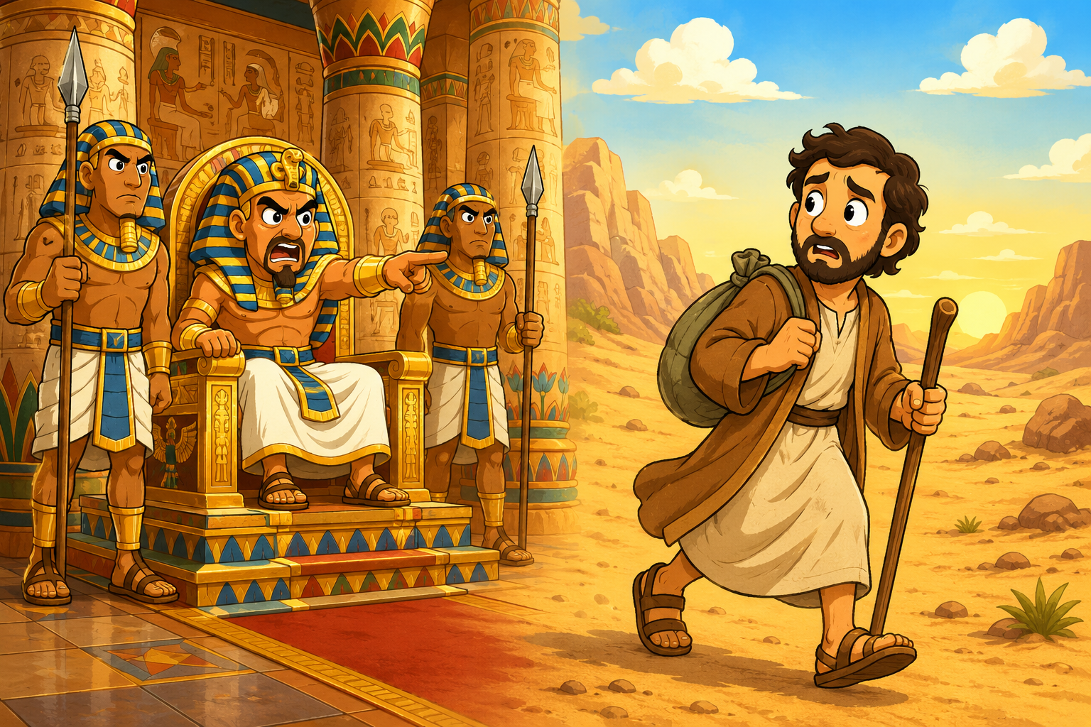 Pharaoh ordering Moses' capture while Moses flees to Midian