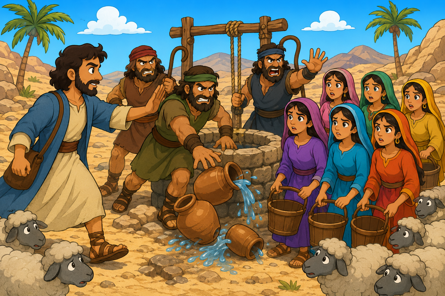 Moses helping the daughters of Jethro at the well