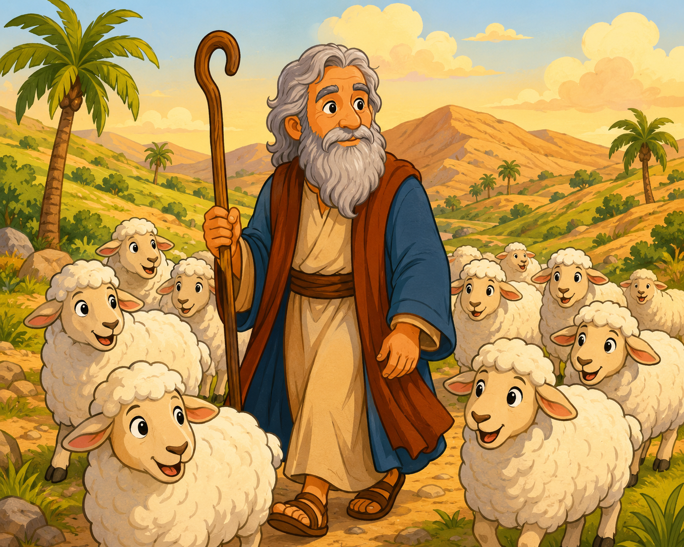 Moses as a shepherd in the hills of Midian