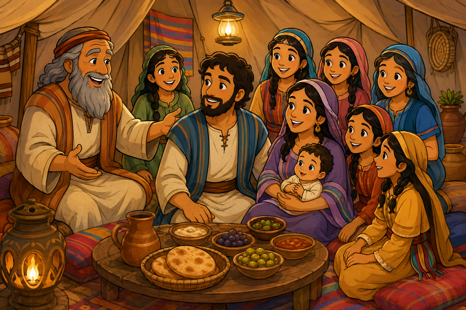 Moses welcomed into Jethro's family, sitting with Zipporah and baby Gershom